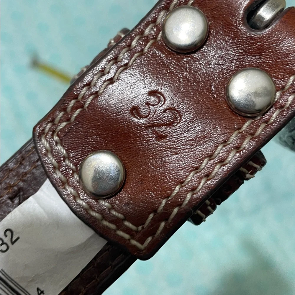 tooled leather engraved silver calf hair belt with silver studs and churros